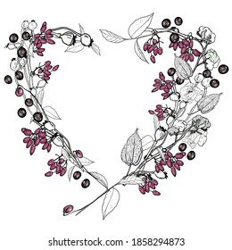 Vector illustration of isolated herbs, wild berries and flowers in the form of a heart. Heart from berries and flowers on a white background as a blank for designers for a wedding, logo, icon, sticker