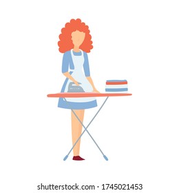 Vector illustration of an isolated housewife at work. A character in a flat style, a woman ironing her clothes.