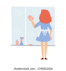 Vector illustration of an isolated housewife at work. The character is flat, the woman cleans the window.