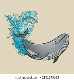 Vector illustration of Isolated humpback whale with a big wave. Suitable for poster, t-shirt, tattoo and many more. 