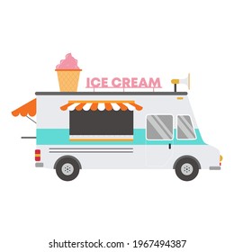 Vector illustration isolated ice cream car on white background. Delivery ice cream cone tasty dessert. Street Food Truck concept. Flat cartoon style element infographic, website, icon