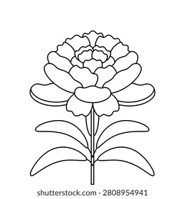 Vector illustration with isolated icon of peony. Beautiful flower. Paeony is designed in flat minimalist style with simplified shapes. Black outline on white background