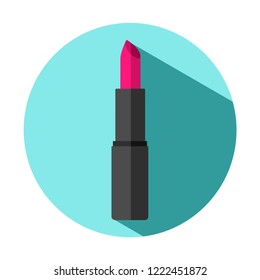 Vector illustration of isolated icon pink lipstick with black tube on a blue circle background