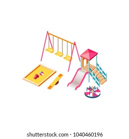 Vector Illustration Isolated Isometric Children Playground, Swings, Slide, Jungle Gym, Merry Go Round, Carousel, Seesaw, Sandbox, Playing Field Town City Urban Infrastructure Element White Background