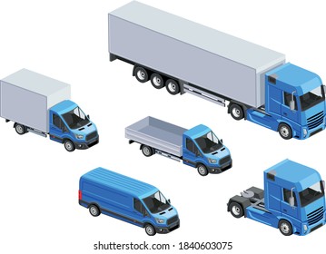 Vector illustration of isolated isometric trucks of different size and type