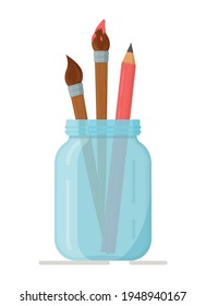 Ilustración vectorial de un frasco aislado con pinceles. Dibujando para mamá para las vacaciones.