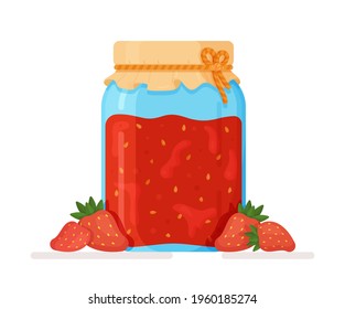 Vector illustration of an isolated jar of strawberry jam. Рerennial herbaceous plant. Traditional dessert. Suitable for filling in a cake or pie, pies, or as a gravy for cheesecakes.