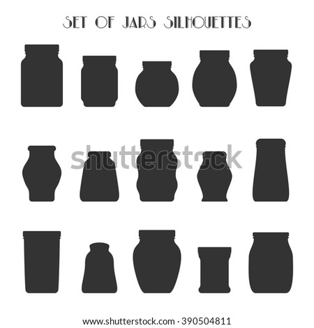 Vector illustration of isolated jars icons set. Silhouettes of 15 different mason or glass jars. Monochrome jars collection. Fully editable file for your projects.