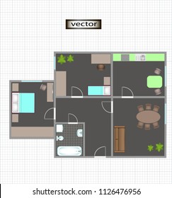 Vector illustration isolated layout of a compact small apartment top view with furniture and fixtures, bathroom, kitchen with dining area and two rooms.