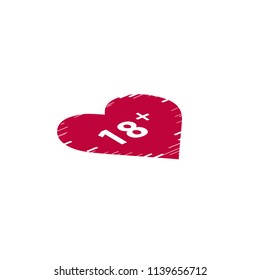 Vector illustration of an isolated line art heart icon with the text 18 plus