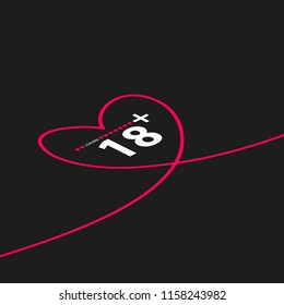 Vector illustration of an isolated line art heart icon with the text 18 plus