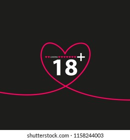 Vector illustration of an isolated line art heart icon with the text 18 plus