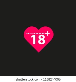 Vector illustration of an isolated line art heart icon with the text 18 plus