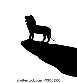 Vector illustration of isolated lion silhouette on the rock. Isolated on white background. Roaring Lion.