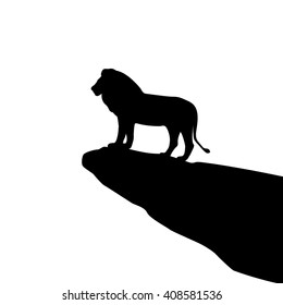 Vector illustration of isolated lion silhouette on the rock. Isolated on white background.