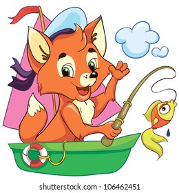 vector illustration - isolated little cartoon fox in the boat on white background