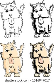 vector illustration of an isolated living  dog standing with its tongue sticking out rendered in four versions in color and black and white