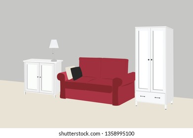 Vector Illustration Isolated of a Living Room, with a Couch and Pillows, Wardrobe, Side Table and Lamp