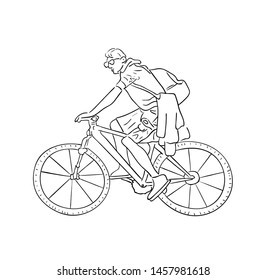 Vector illustration, isolated man driving a bicycle in black and white colors, outline hand painted drawing