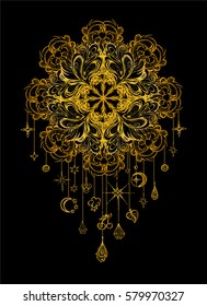 Vector illustration isolated mandala with pendants on black background, sacred amulet,  colorful tattoo. Psychedelic art for print, posters, t-shirts and textiles. Boho style
