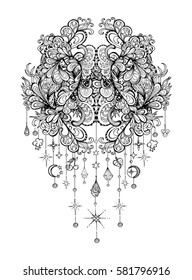 Vector illustration isolated mandala with pendants, sacred amulet,  colorful tattoo. Psychedelic art for print, posters, t-shirts and textiles. Boho style