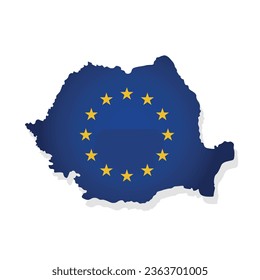 Vector illustration with isolated map of member of European Union - Romania. Concept decorated by the EU flag with yellow stars on blue background