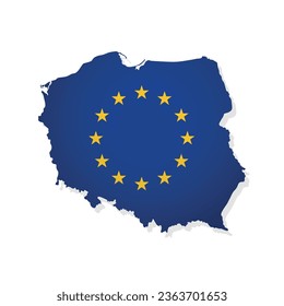 Vector illustration with isolated map of member of European Union - Poland. Polish concept decorated by the EU flag with gold stars on blue background