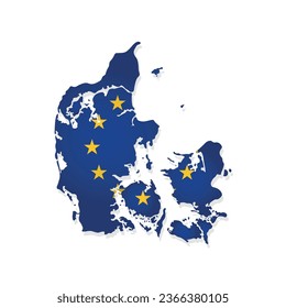 Vector illustration with isolated map of member of European Union - Denmark. Danish concept with EU flag and yellow stars on blue background