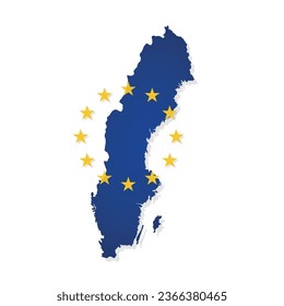 Vector illustration with isolated map of member of European Union - Sweden. Swedish concept decorated by the EU flag with yellow stars on blue background
