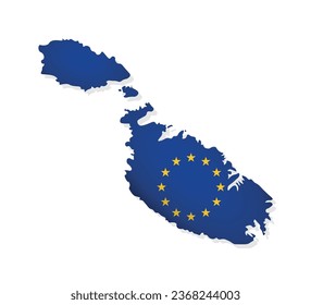 Vector illustration with isolated map of member of European Union - Malta. Maltese concept decorated by the EU flag with gold stars on blue background