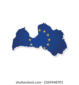 Vector illustration with isolated map of member of European Union - Latvia. Mpdern concept decorated by the EU flag with yellow stars on blue background