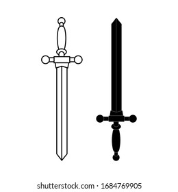 Dibujo vectorial de una espada de caballero medieval aislada con fondo blanco. Contorno, blanco y negro
