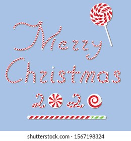 Vector illustration of an isolated Merry Christmas 2020 and peppermint candy sweet and candy cane progress bar.