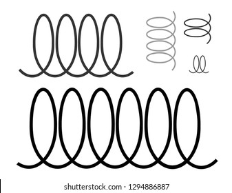 Vector illustration of isolated metal plated. Set of horizontal and vertical springs. Black and white spiral. Spiral springs of swirl line or curved wire cords, shock absorbers or equipment parts