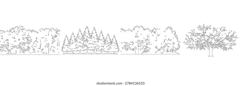 Vector illustration of the isolated monochrome black and white timberland copse forest silhouette wild lineart sketch for the nature landscape.