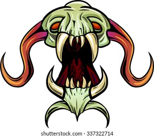 Vector illustration of an isolated monster skull with horns. Front view comic style character on white background. Mascot for tattoo or halloween design or logo idea 