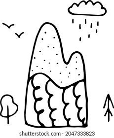 Vektorgrafik isolierter Berge, Hügellandschaft oder Naturlandschaft. Campinglandschaft und Wandergrafik. Outdoor-Reisen, Abenteuer, Tourismus, Klettern Design Elemente.