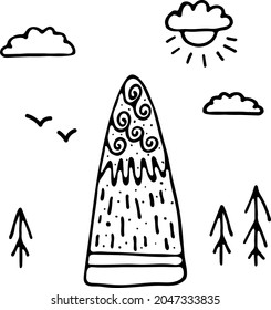 Vector illustration of isolated mountains, hill top or nature landscape. Camping landscape and hiking illustration. Outdoor travel, adventure, tourism, climbing design elements.