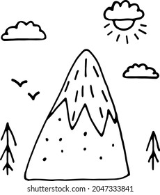 Ilustración vectorial de montañas aisladas, cima de colinas o paisaje natural. Paisaje de camping e ilustración de senderismo. Viajes al aire libre, aventura, turismo, elementos de diseño de escalada.