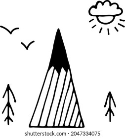 Vector illustration of isolated mountains, hill top or nature landscape. Camping landscape and hiking illustration. Outdoor travel, adventure, tourism, climbing design elements.
