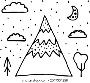 Vector illustration of isolated mountains, hill top or nature landscape. Camping landscape and hiking illustration. Outdoor travel, adventure, tourism, climbing design elements.