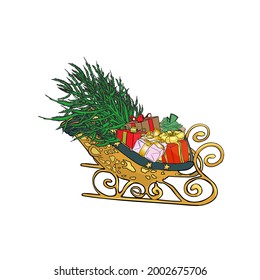 Vector Illustration isolated New year, Christmas. Isolated sled with Christmas gifts, New Year tree. Designer blank, logo, icon, new year sale