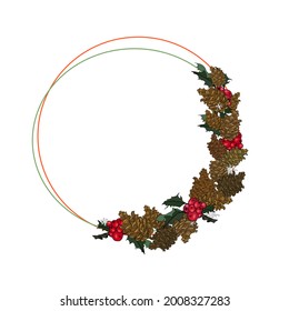 Ilustración vectorial aislada Año Nuevo, Navidad. Marco aislado en forma de corona de un árbol de Navidad, baya de Navidad, árbol de Navidad. Diseño en blanco, logotipo, icono, venta de año nuevo