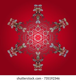 Vector illustration. Isolated nice snowflakes on colorful background. Winter snowflake, vector background. Repeated texture for surface, wrapping paper, on red, gray and white colors.
