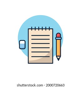 Vector illustration of isolated notes, pencil and eraser. Online education. Flat cartoon style. Suitable for web landing pages, banners, stickers, icons and others.