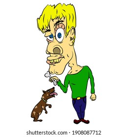 Vector illustration, isolated object, a man gives a bone to a dog on a white background. Simple flat style.