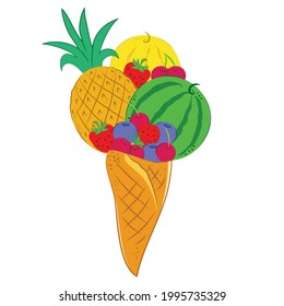 Vector illustration, isolated object on white background. In a waffle cone, a variety of delicious juicy healthy fruits: watermelon, melon, blueberries, cherries, strawberries, blueberries, pineapple