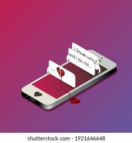 vector illustration. isolated objects. isometric smartphone with messages in messenger. communication. social distance, connection, internet. love correspondence 