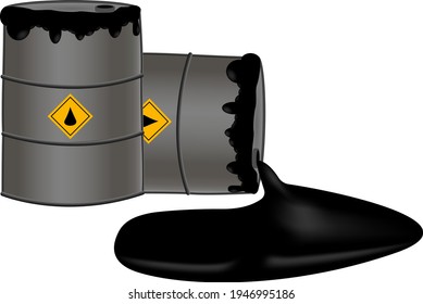 Vector illustration of isolated oil barrels on a white background, and puddles of spilled oil. Environmental pollution symbol.
