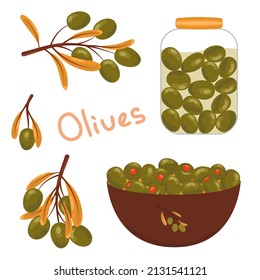 Vector illustration of isolated olive symbols.  Olives in a glass jar and olives in a plate, olives on a twig
